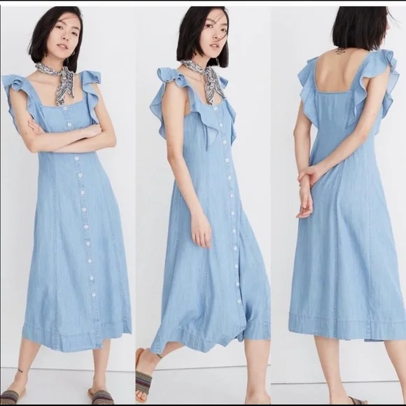 seamed denim button midi dress Women's The Right Impression Medium Wash Cotton Denim Midi Dress | Size: L